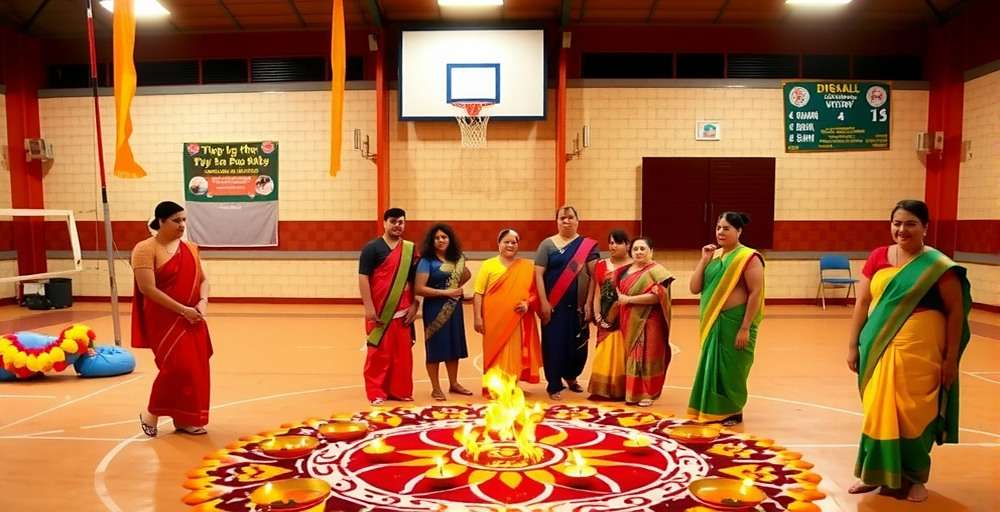 Diwali Event in Volleyball Victory Diwali celebration in Volleyball Victory with court decorated with rangoli and diyas, players in traditional Indian attire