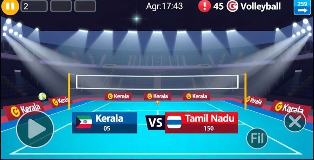 Volleyball Victory Mobile Gameplay Volleyball Victory mobile gameplay showing a Kerala vs Tamil Nadu match with scoreboard in Malayalam