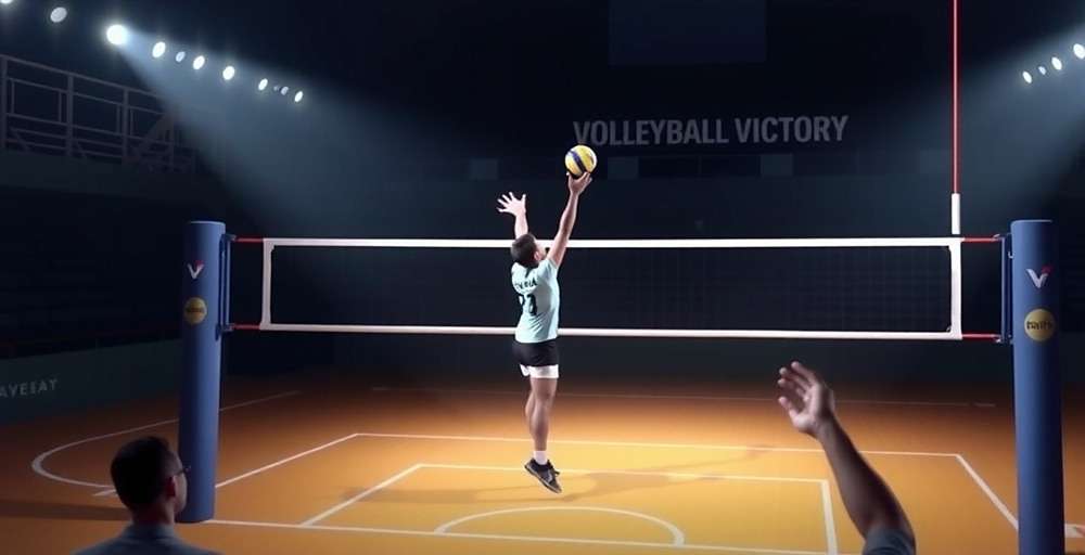 Jump Serve in Volleyball Victory Volleyball Victory gameplay showing a player executing a jump serve with Indian commentator text