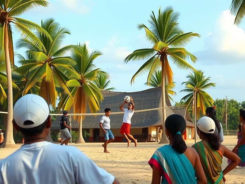 Village Volleyball Court in Volleyball Victory Indian village volleyball court in Volleyball Victory with coconut trees and traditional spectators