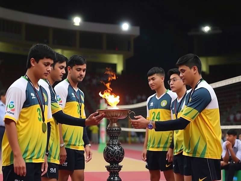 Traditional Pre-Match Ceremony in Volleyball Victory Volleyball Victory pre-match ceremony with players lighting a traditional lamp before a national tournament match