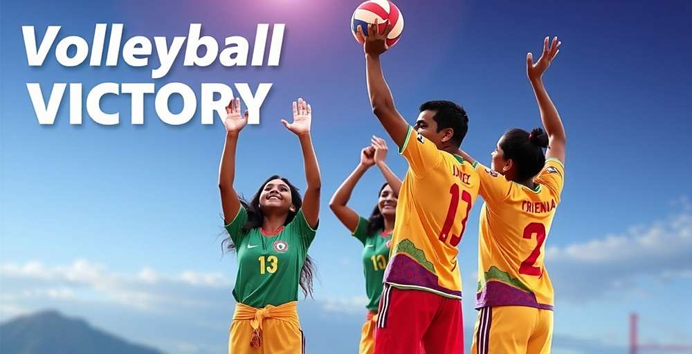 Volleyball Victory - Official Game Cover Volleyball Victory game cover featuring Indian volleyball players in traditional jerseys celebrating a victory